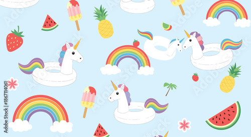 Vibrant summer pattern with unicorn floats, rainbows, pineapples, watermelons, and ice cream on a bright blue background.
