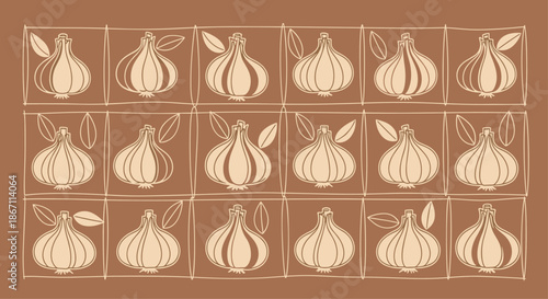 Minimalist kitchen pattern displaying whole garlic bulbs arranged in a neat grid over a warm brown textured background.