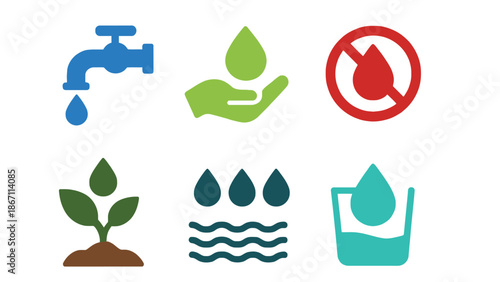 A collection of colorful icons representing water conservation and sustainability