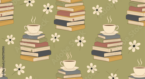 Cozy reading pattern featuring stacks of colorful books, steaming cups of coffee, and delicate white flowers on olive green.