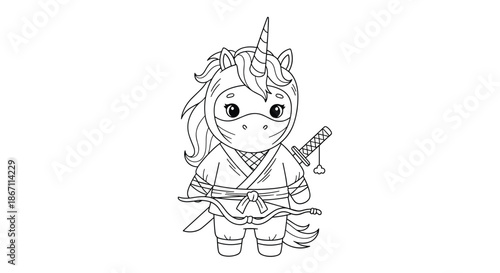 Dynamic coloring page of a brave ninja unicorn wearing a traditional outfit and carrying a sharp katana on its back.