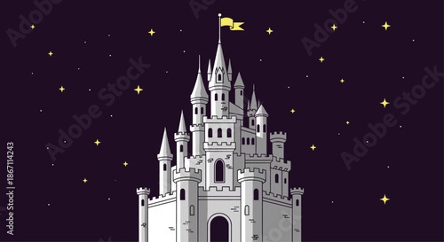 Majestic castle with many towers and a yellow flag standing under a starry night sky in a pixel art style illustration.