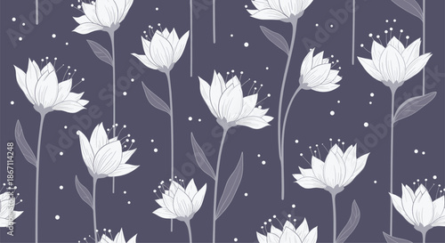 Sophisticated floral pattern with stylized white lilies and delicate white dots over a deep purple background color.