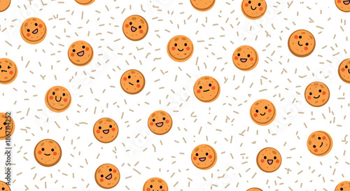 Sweet repeating pattern featuring round cookies with many different happy and silly faces on a white background.