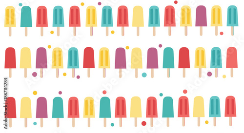 Grid of various colorful ice cream popsicles in rows with small confetti dots against a clean white background.