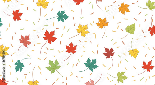 Colorful autumn leaves in shades of red, orange, yellow, and green are scattered across a white background with decorative dashes.