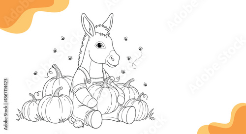 Adorable donkey character sits among a pile of harvested pumpkins in this black and white line art illustration for coloring.