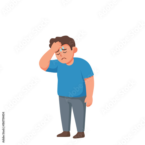 Man suffering from fever holding his head and feeling weak. Flat cartoon illustration of high body temperature, illness symptom, flu or viral infection isolated on white background