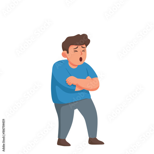 Man shivering from cold temperature while hugging his body. Flat cartoon illustration of feeling cold, freezing weather, low temperature, or winter discomfort isolated on white background