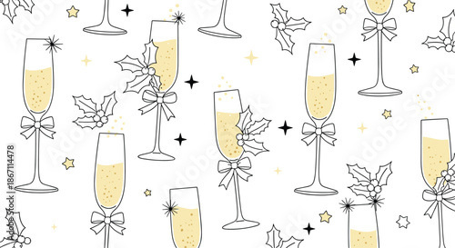 Holiday celebration pattern includes sparkling champagne flutes adorned with blue ribbons and holly sprigs on a white background.