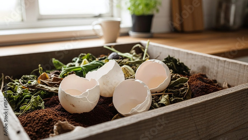 Eggshells in compost bin at home, sustainable living concept with eggshells compost and home compost bin, organic waste reuse for educational material environmental poster