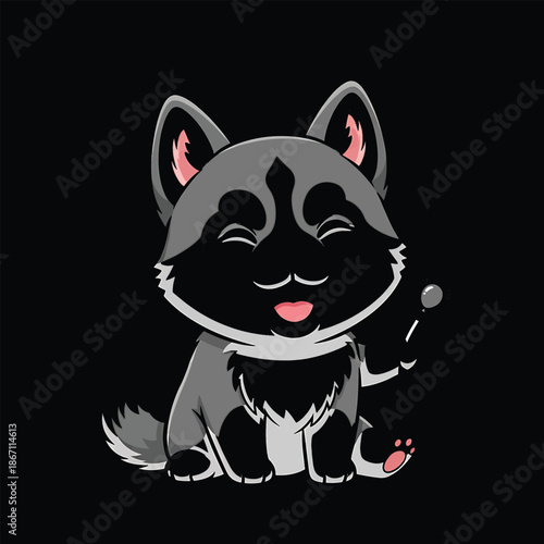 Charming Cartoon Husky Puppy with Playful Expression and Lollipop.