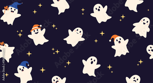 Halloween ghost pattern displays cute white spirits wearing colorful hats among twinkling golden stars on a dark navy background.