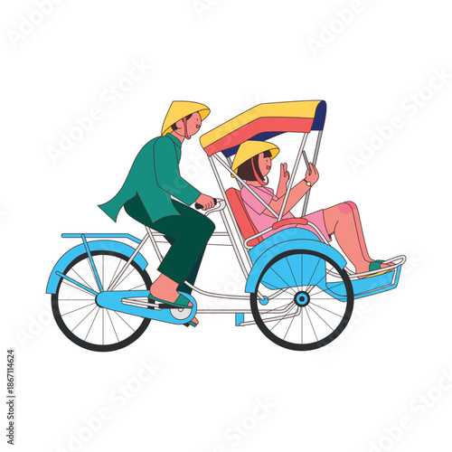 Traditional Vietnamese cyclo rickshaw featuring a driver and a female tourist taking a selfie. Modern flat vector illustration of Southeast Asian street transportation and tourism