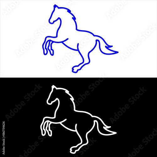 rearing horse silhouette icon  blue and white outline on white and black background