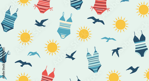 Summer beach pattern includes striped one-piece swimsuits, yellow sun icons, and dark blue seagulls flying across a light blue sky.