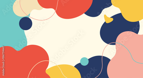 Abstract artistic background showcases a composition of colorful organic fluid shapes and thin intersecting lines in pastel hues.