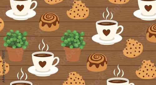 Seamless pattern with coffee cups, delicious cinnamon rolls, chocolate chip cookies, and small green plants on a rustic wooden surface.