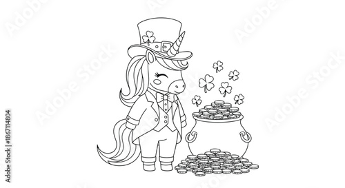 Saint Patricks Day coloring page featuring a cute unicorn dressed in a leprechaun suit and hat standing by a pot filled with gold coins.
