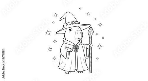 Wizard capybara coloring page featuring the animal in a robe and pointed hat holding a magic staff, surrounded by twinkling stars.