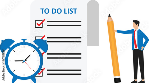 To do list and task management or completion tracking or reminder to finish assignment, work planning or schedule concept,businessman with pencil and to do list clipboard with alarm clock.
