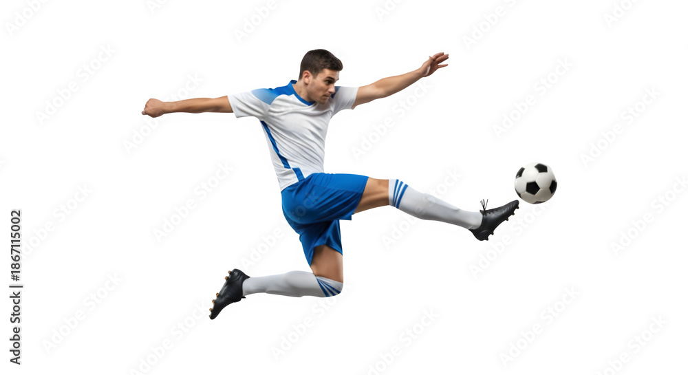 Fototapeta premium Professional Soccer Player Kicking Ball in Mid-Air Action Shot