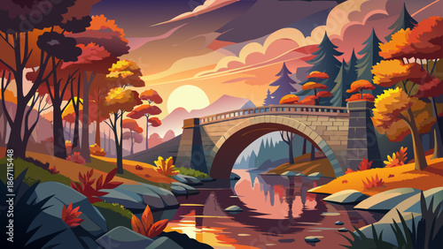 Very beautiful autumn evening view of Devil’s Bridge in Kromlau Park, Germany, surrounded by colorful foliage, reflections, and moody clouds creating a magical and atmospheric landscape scene.