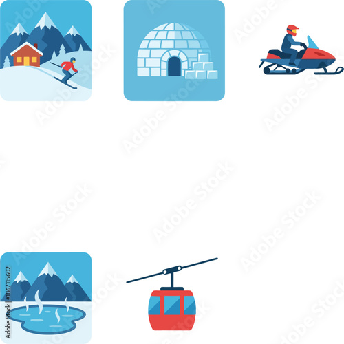 Square winter tourism icons ski resort, ice hotel, snowmobile, hot springs, cable car