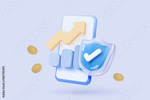 3D stock trading graph with mobile phone. Sell and buy money cash and exchange with finance business concept, earning investment. 3d bank trading vector icon for investment render illustration