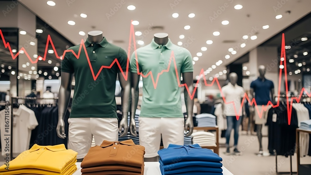 Naklejka premium Retail Sales Decline: Polo Shirts Displayed with Falling Stock Market Graph