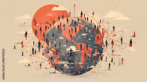 abstract network of people connecting around two globes