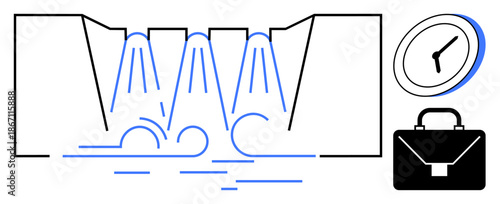 Renewable energy, time management, business operations, ecological impact, work-life balance, sustainability. Schematic of a dam, clock and briefcase. Renewable energy and time management concept