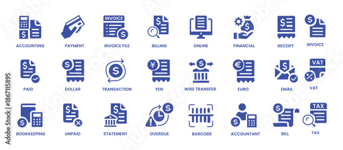 Invoice icon set. Containing receipt, bill, tax, paid, statement, accounting, transaction, barcode, financial and more. Solid vector icons collection.