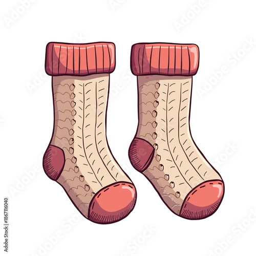 Warm winter socks with red toes and heels in soft wool with cozy cartoon texture and isolated background - concept of comfort and warmth - apparel design - festive illustration