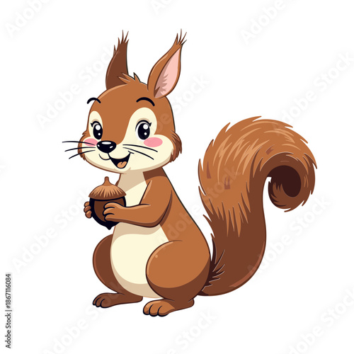 Cute cartoon squirrel holding a nut with fluffy tail and friendly face on white background - concept of forest animals and character design - children's illustration - educational use