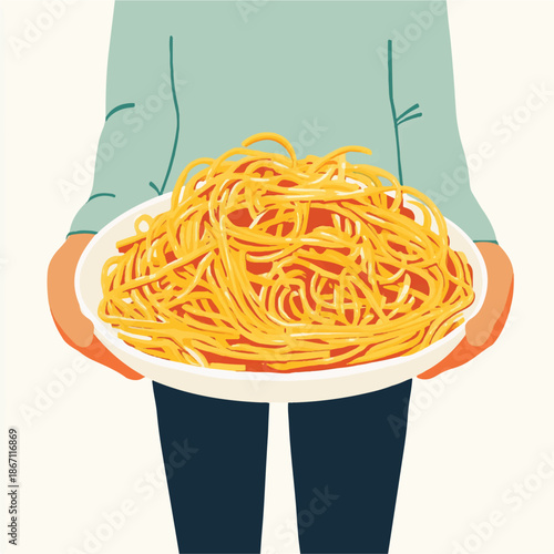 Person holding a large plate of spaghetti with tomato sauce