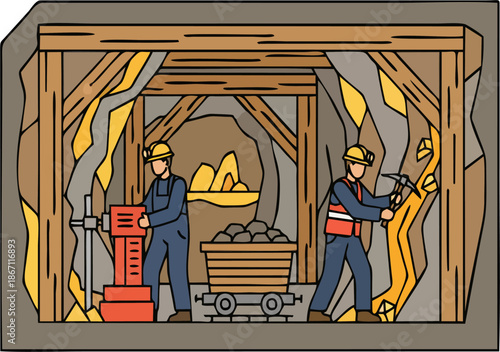 Cartoon Gold Miners with Jackhammer and Pickaxe Extracting Gold Veins and Loading Ore into Wooden Mine Cart in Underground Tunnel, Flat Vector Illustration