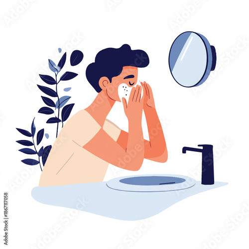 Person washing face at bathroom sink