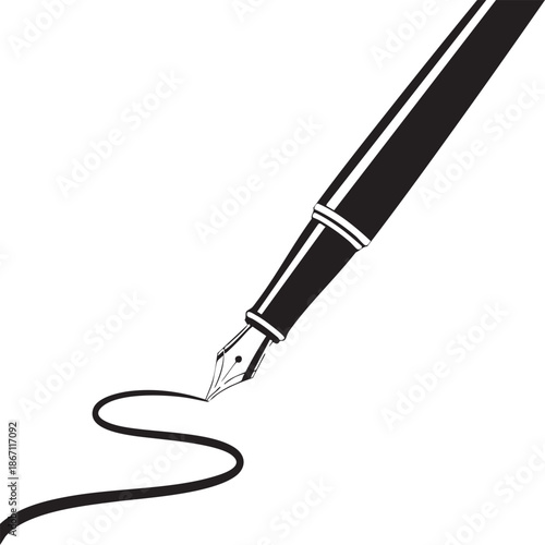 A black fountain pen nib creating a swirling line on white background in a graphic illustration with writing and art and design and stationery