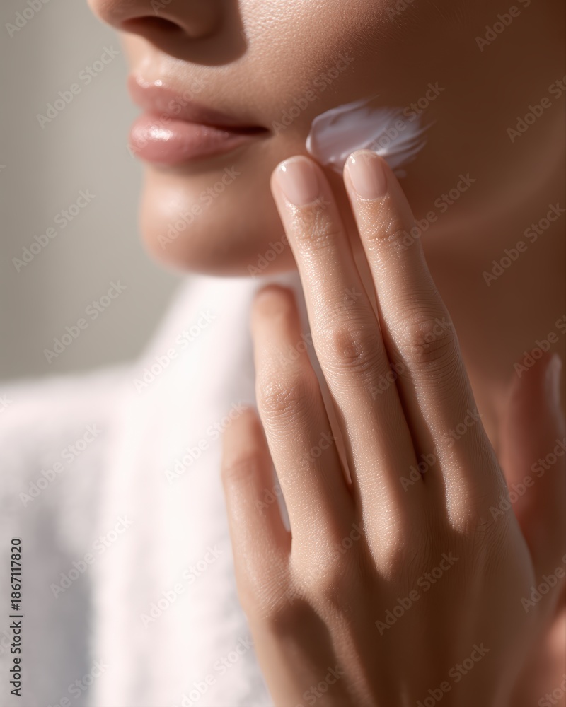 Naklejka premium Routine skin care concept, close-up woman applying moisturizing cream on face in morning light, clean beauty lifestyle