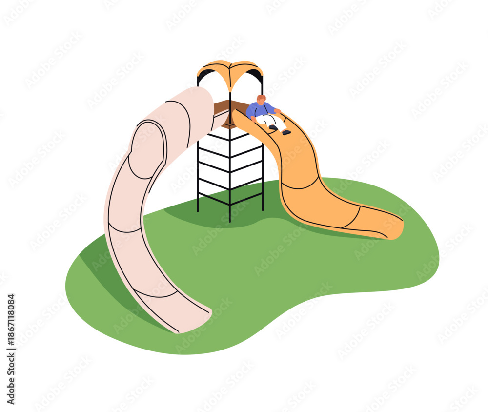 Obraz premium Happy little boy rides on slide on playground in park. Cute kid has fun outdoors. Child plays games on kindergarten ground, modern school yard. Flat isolated vector illustration on white background