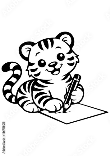 Cute tiger drawing with pencil vector line art, black and white illustration for engrave, laser engrave and kids decor