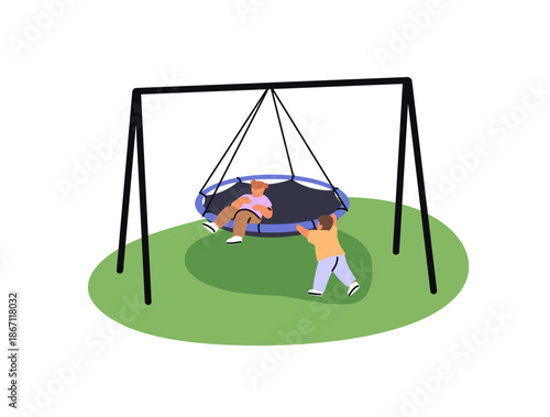 Toddler kids play on playground in park. Little friends ride on web swing in kindergarten, school ground. Happy children have fun outdoors. Flat isolated vector illustration on white background