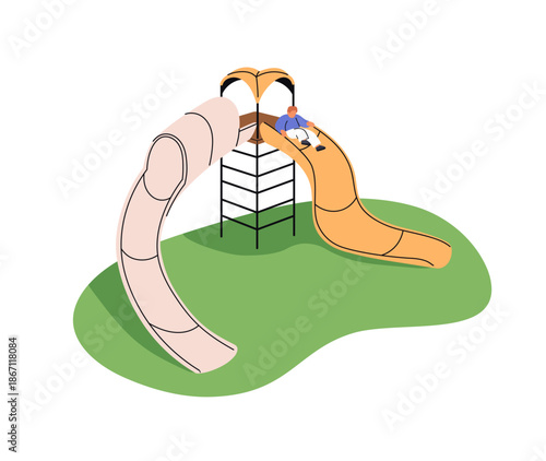 Happy little boy rides on slide on playground in park. Cute kid has fun outdoors. Child plays games on kindergarten ground, modern school yard. Flat isolated vector illustration on white background