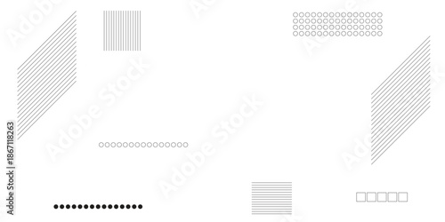 Minimalist composition of geometric shapes and lines including parallel lines, circles, and squares arranged on a white background for modern