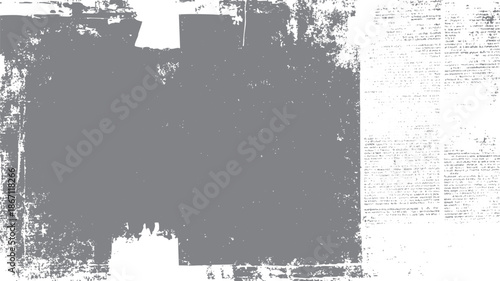 Grungy distressed overlay with faded newspaper print and textured grey paint strokes creating a vintage abstract background for and applications