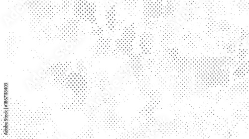 Halftone dot pattern forming abstract shapes and organic textures on a white background, offering a retro with varying densities and subtle gradients