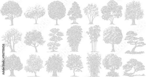 Comprehensive collection of tree and bamboo silhouettes meticulously formed by stippling, showcasing a wide range of shapes and sizes with a textured, dotted appearance on a plain white background