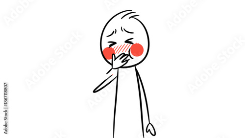 Stick Figure Man Feeling Embarrassed and Blushing While Covering Mouth on Isolated White Background