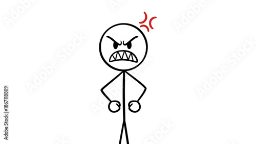 Stick Figure Man Expressing Extreme Anger and Frustration with Frown and Steam on Isolated White Background